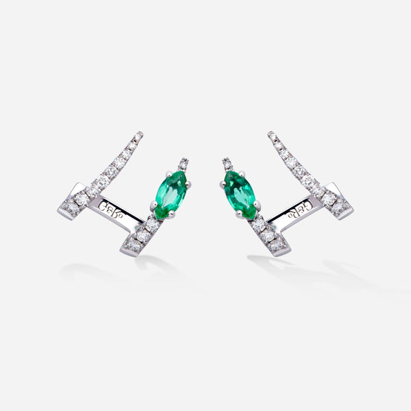 Pendientes Jardín de Aire en oro blanco 18kts, diamantes (0,31 cts) y esmeraldas (0,40 cts), diseño botánico sostenible de la firma Gold&Roses 
