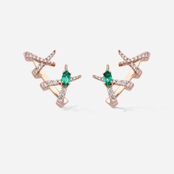 Pendientes trepadores Jardín de Aire oro rosa 18 k y diamantes, estética vertical y ligera inspirada en hojas y gotas de agua 